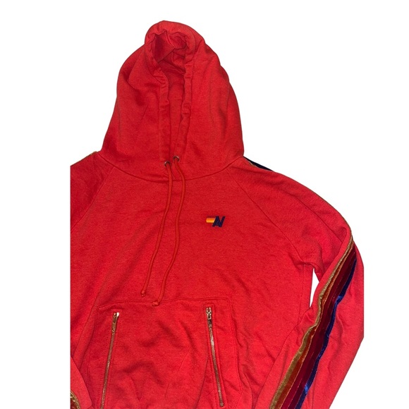 Aviator Nation Red Hoodie Velvet 5 Stripe Women’s Small Neon Red Rare - Picture 2 of 4